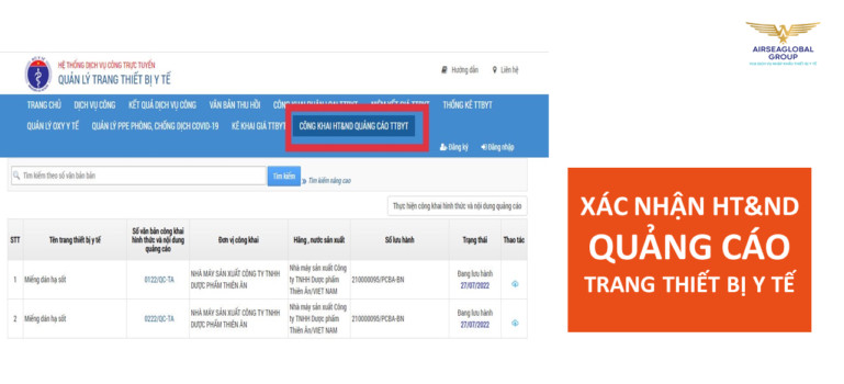 XÁC NHẬN NỘI DUNG QUẢNG CÁO TRANG THIẾT BỊ Y TẾ